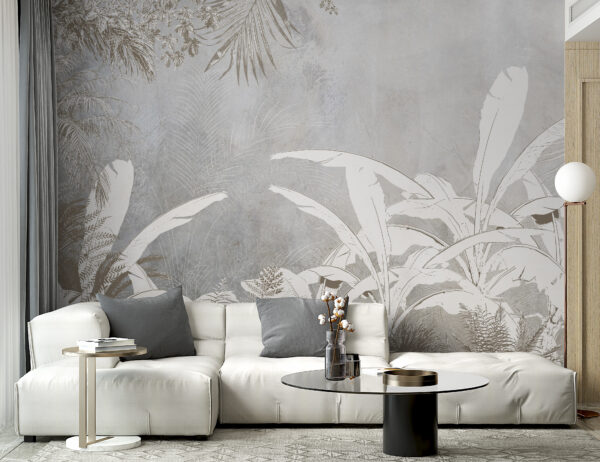 Wit en grijs behang met planten Fotobehang Wit en grijs behang met planten