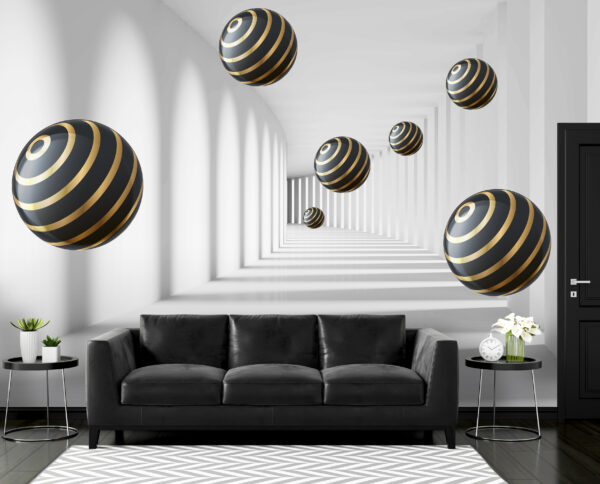 Gestreepte bollen zweven in een witte gang Fotobehang Gestreepte bollen zweven in een witte gang