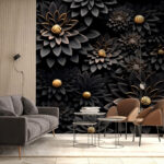 Fotobehang Metallic bloemen op donkere achtergrond.