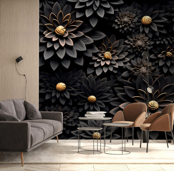 Metallic bloemen op donkere achtergrond Fotobehang Metallic bloemen op donkere achtergrond