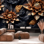 Fotobehang Metallic bloemen met donker bladmotief