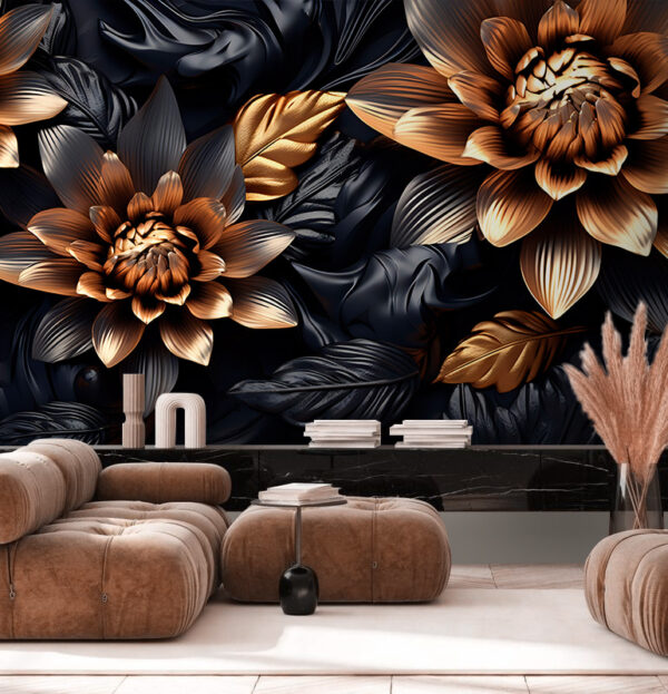 Metallic bloemen met donker bladmotief Fotobehang Metallic bloemen met donker bladmotief