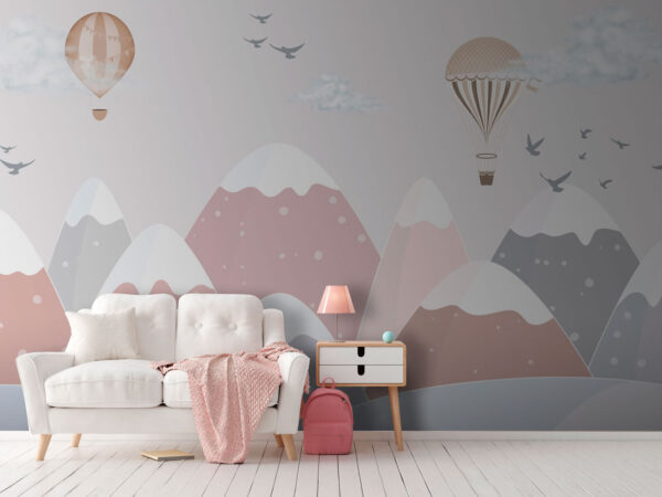 Ballonnen zweven boven besneeuwde bergen Fotobehang Ballonnen zweven boven besneeuwde bergen