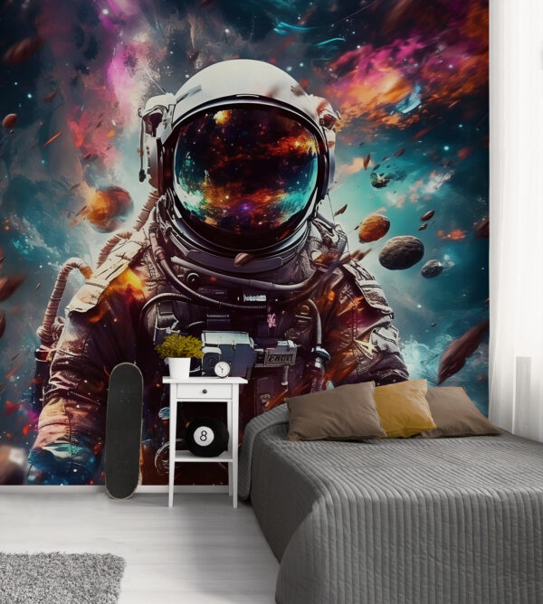 Astronaut zwevend tussen kosmisch puin Fotobehang Astronaut zwevend tussen kosmisch puin