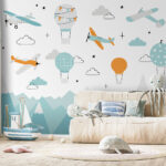 Fotobehang Behang met vliegtuigen en luchtballonnen