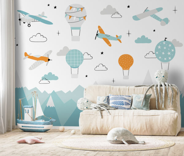 Behang met vliegtuigen en luchtballonnen Fotobehang Behang met vliegtuigen en luchtballonnen