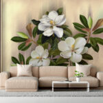 Fotobehang Elegante bloemen met weelderige groene bladeren