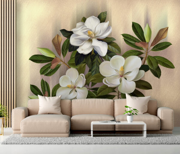 Elegante bloemen met weelderige groene bladeren Fotobehang Elegante bloemen met weelderige groene bladeren