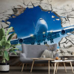 Fotobehang Jet barst door gebarsten muur.