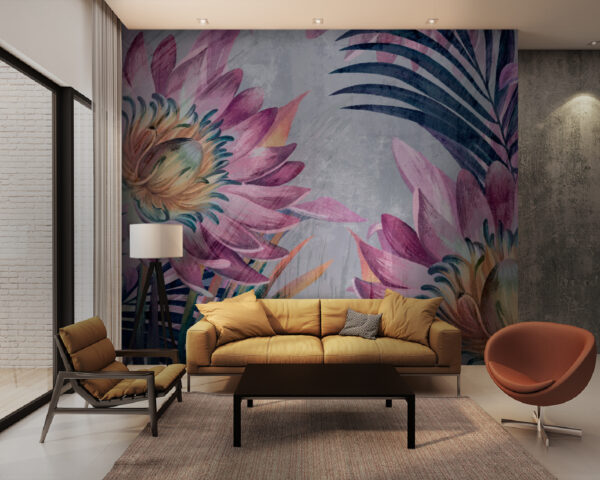 Levendig bloemenkunstwerk met tropische sfeer Fotobehang Levendig bloemenkunstwerk met tropische sfeer