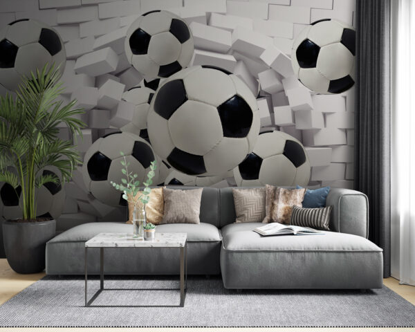 Voetballen die door de muur breken Fotobehang Voetballen die door de muur breken