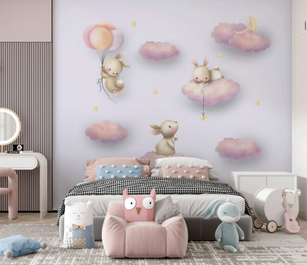 Groep konijnen op wolken Fotobehang Groep konijnen op wolken