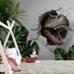 Fotobehang Dinosaurus komt tevoorschijn door gebarsten muur.