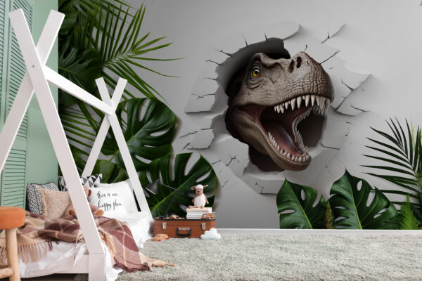 Dinosaurus komt tevoorschijn door gebarsten muur Fotobehang Dinosaurus komt tevoorschijn door gebarsten muur