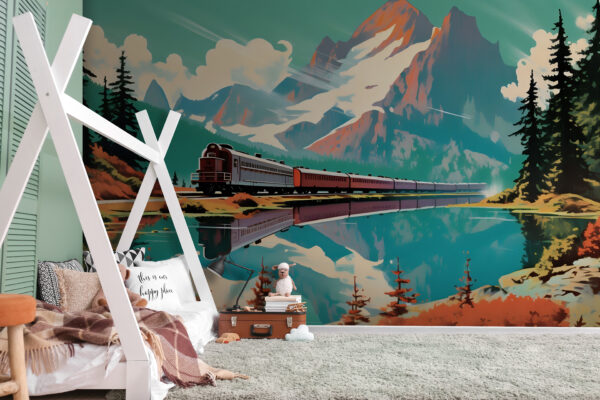 Trein passeert een berg Fotobehang Trein passeert een berg