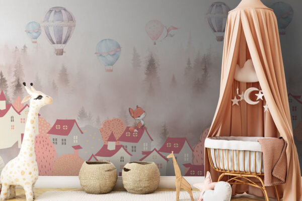 Spotprent van een vos op een dak van een stad met heteluchtballonnen Fotobehang Spotprent van een vos op een dak van een stad met heteluchtballonnen