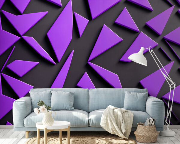 Paarse driehoeken op een zwart oppervlak Fotobehang Paarse driehoeken op een zwart oppervlak