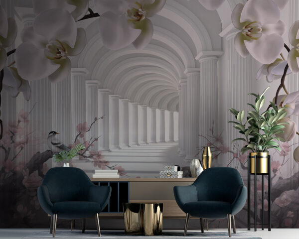 Elegante boog met bloeiende bloemen Fotobehang Elegante boog met bloeiende bloemen