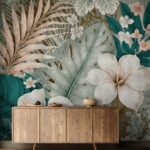 Fotobehang Witte bloem met groene bladeren