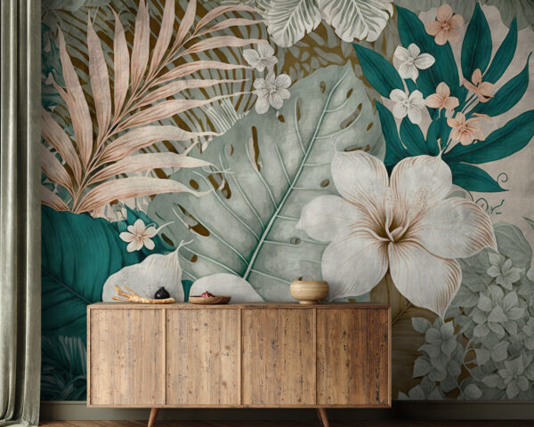 Witte bloem met groene bladeren Fotobehang Witte bloem met groene bladeren