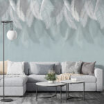 Fotobehang Witte veren op een blauwe achtergrond