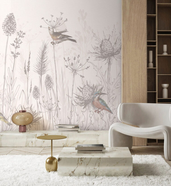 Vogels tussen wilde bloemen in harmonie Fotobehang Vogels tussen wilde bloemen in harmonie