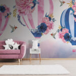 Fotobehang Groep heteluchtballonnen met bloemen