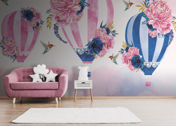 Groep heteluchtballonnen met bloemen Fotobehang Groep heteluchtballonnen met bloemen