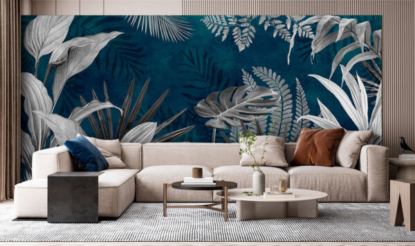 Tropische bladeren op groenblauwe achtergrond Fotobehang Tropische bladeren op groenblauwe achtergrond