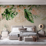 Fotobehang Schilderij van bloemen en bladeren