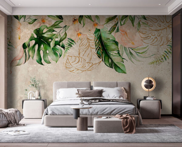 Schilderij van bloemen en bladeren Fotobehang Schilderij van bloemen en bladeren