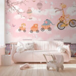 Fotobehang Dieren die vrolijk door de lucht fietsen.