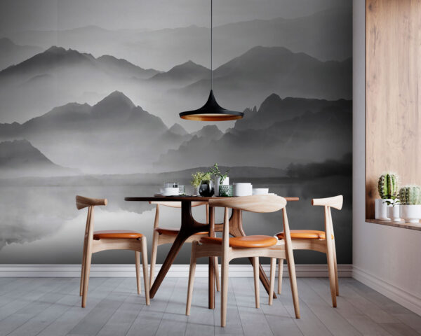 Mistig landschap met bergen Fotobehang Mistig landschap met bergen