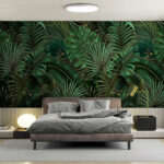 Fotobehang Weelderige junglebladeren met vlinders.