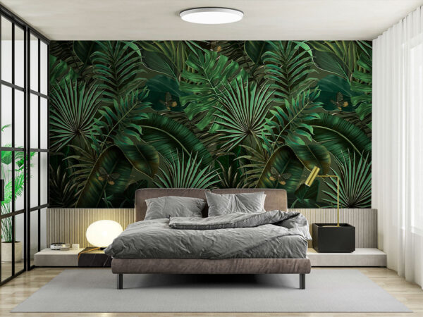 Weelderige junglebladeren met vlinders Fotobehang Weelderige junglebladeren met vlinders