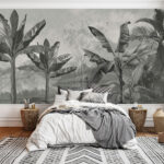Fotobehang Zwart-wit afbeelding van een bananenboom