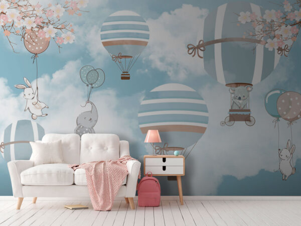 Groep olifanten vliegend in een heteluchtballon Fotobehang Groep olifanten vliegend in een heteluchtballon