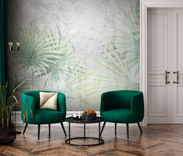 Groene bladeren op gebarsten muurschildering Fotobehang Groene bladeren op gebarsten muurschildering