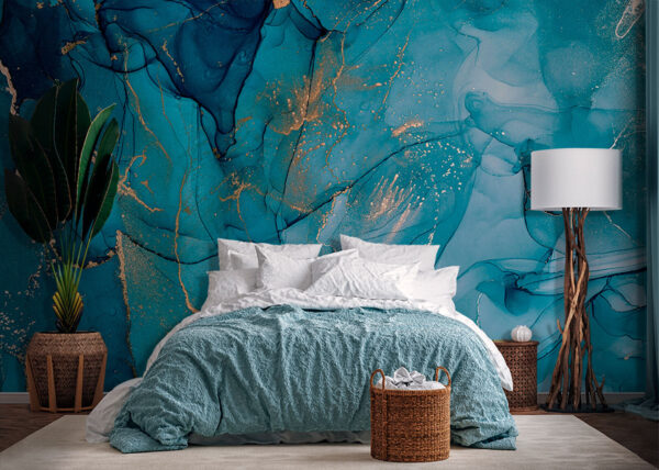 Abstracte blauwe kunst met metallic accenten Fotobehang Abstracte blauwe kunst met metallic accenten