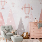 Fotobehang Roze en wit gestreepte luchtballon