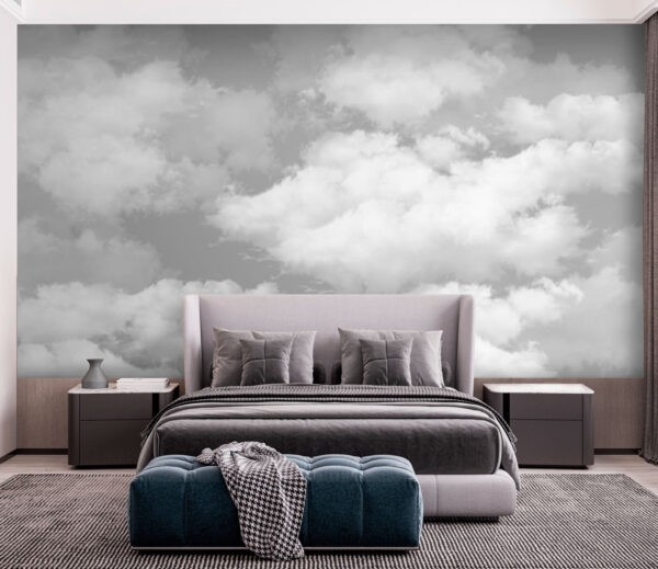 Pluizige wolken in een grijze lucht Fotobehang Pluizige wolken in een grijze lucht