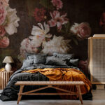 Fotobehang Vintage bloemenpatroon met donkere achtergrond.