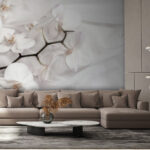 Fotobehang Witte orchideeën op een witte stof