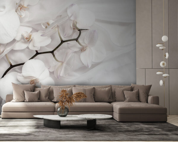 Witte orchideeën op een witte stof Fotobehang Witte orchideeën op een witte stof