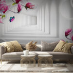 Fotobehang Roze bloesems met vlinders en water.