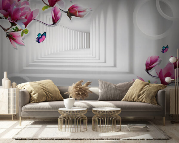 Roze bloesems met vlinders en water Fotobehang Roze bloesems met vlinders en water