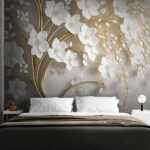 Fotobehang Elegante takken met witte bloemen.