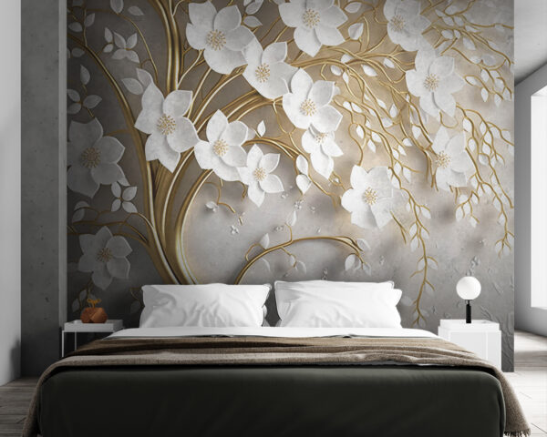 Elegante takken met witte bloemen Fotobehang Elegante takken met witte bloemen