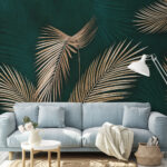 Fotobehang Elegante palmbladeren op groenblauwe achtergrond