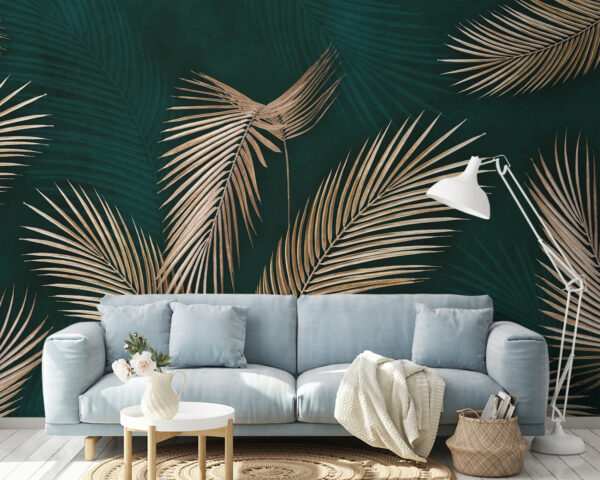 Elegante palmbladeren op groenblauwe achtergrond Fotobehang Elegante palmbladeren op groenblauwe achtergrond